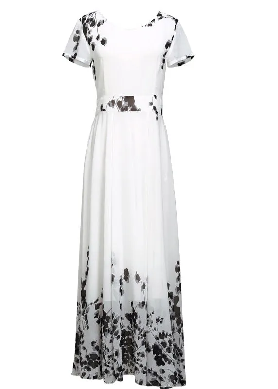 Natural White V Neck Print High Waist Chiffon Long Beach Dress Summer LY1789