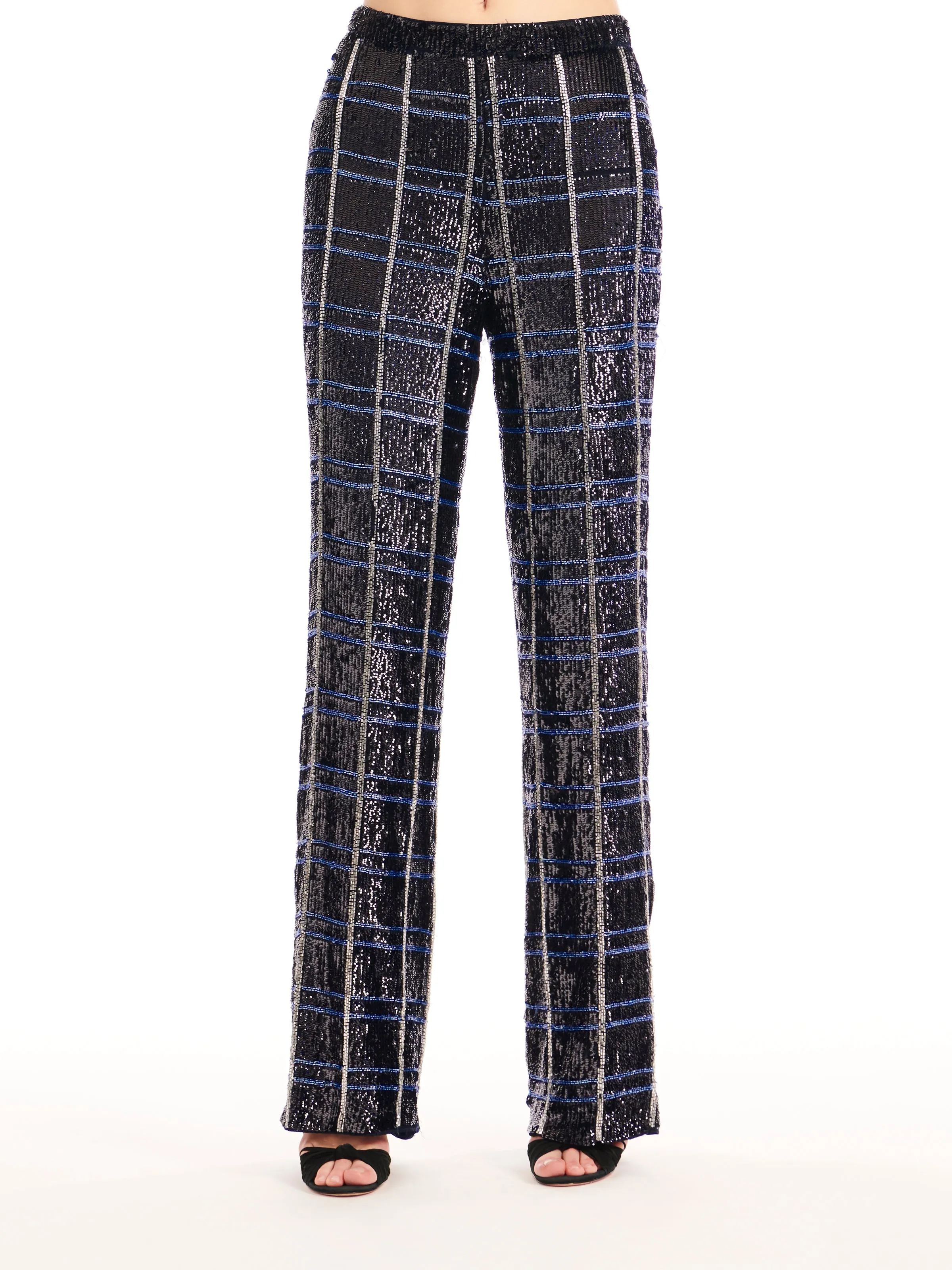 NAVY PLAID SEQUIN AND BEADED PANTS