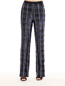 NAVY PLAID SEQUIN AND BEADED PANTS