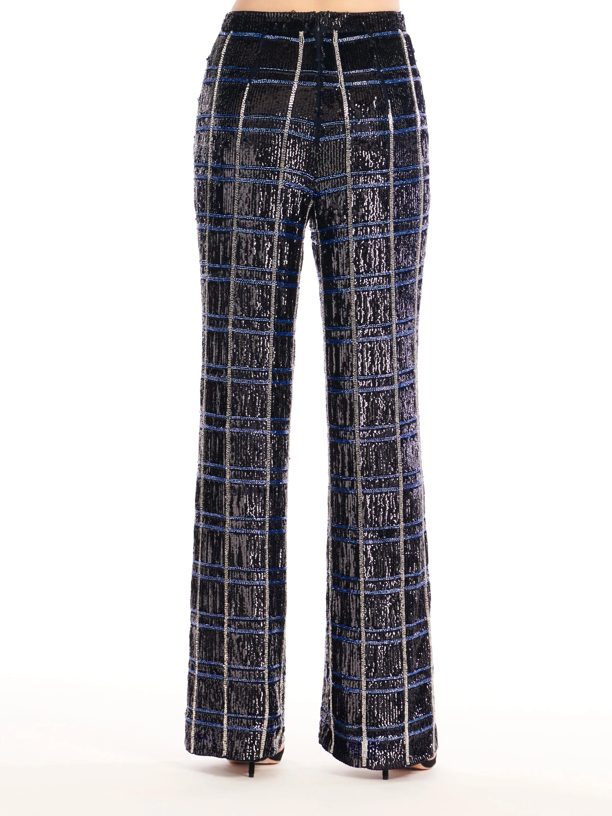 NAVY PLAID SEQUIN AND BEADED PANTS