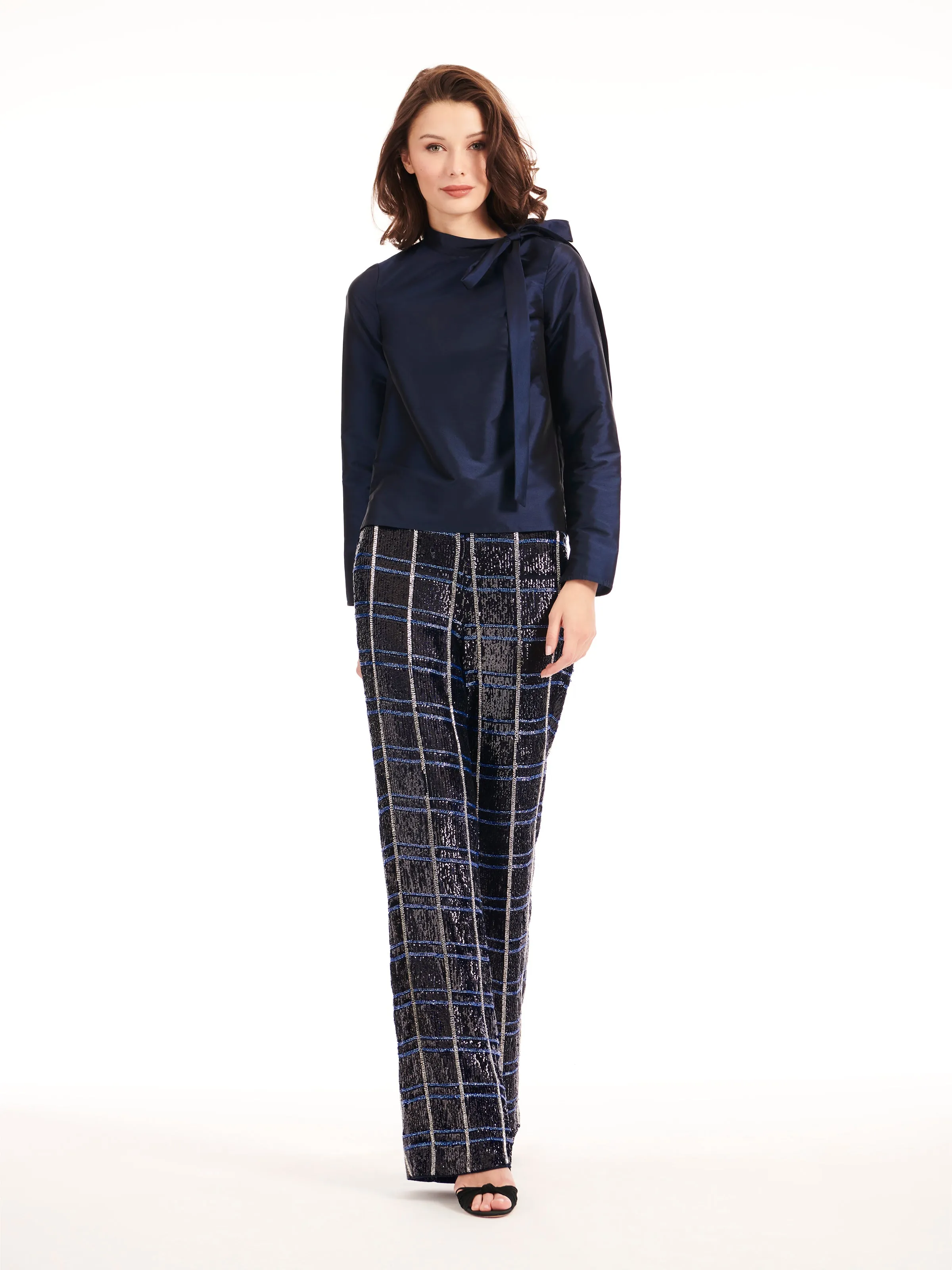 NAVY PLAID SEQUIN AND BEADED PANTS