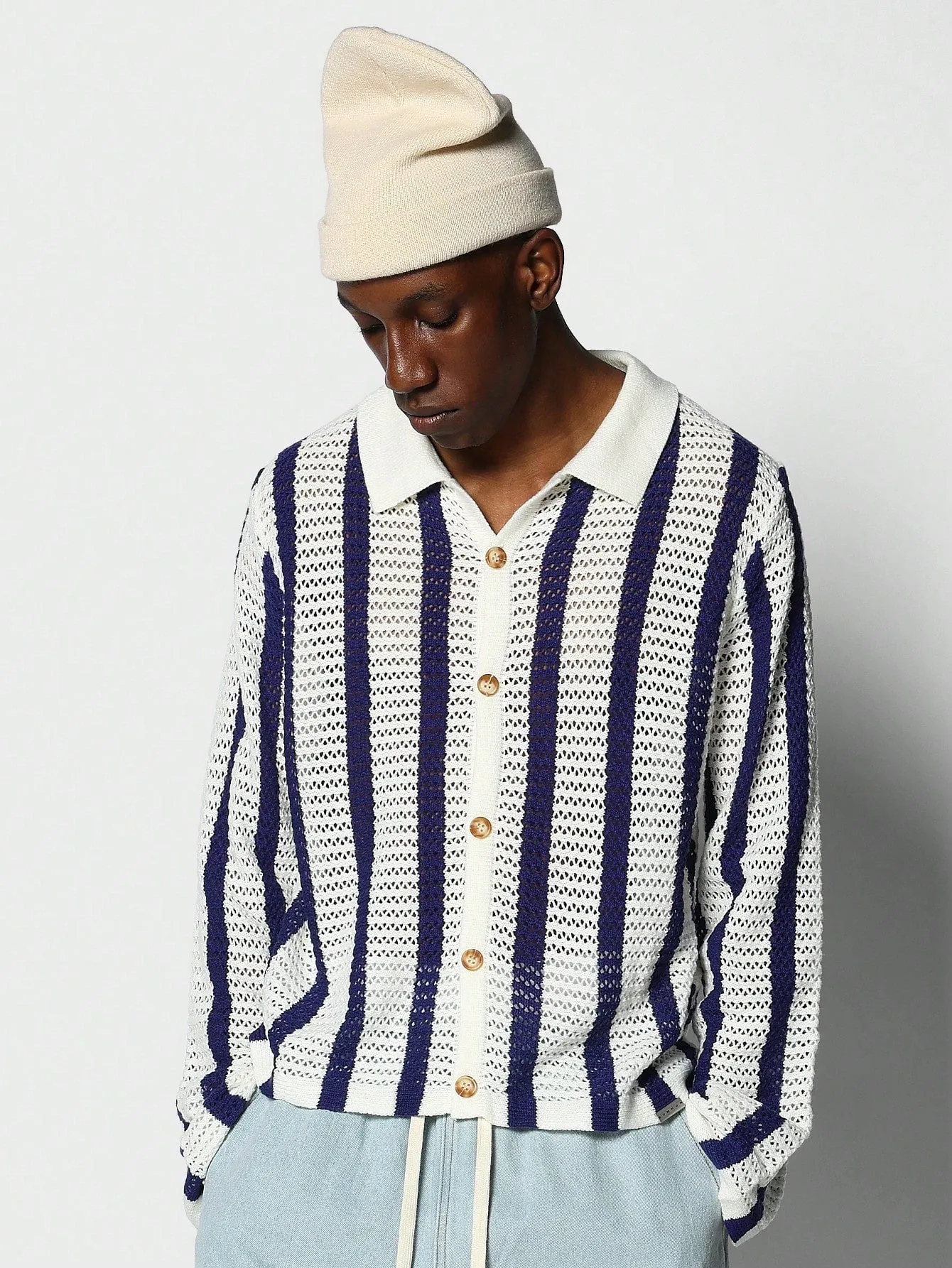 Oversized Fit Crochet Knit Stripe Shirt