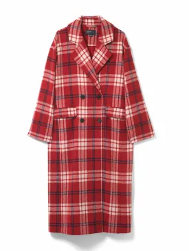 Oversized red check double breasted wool blend coat