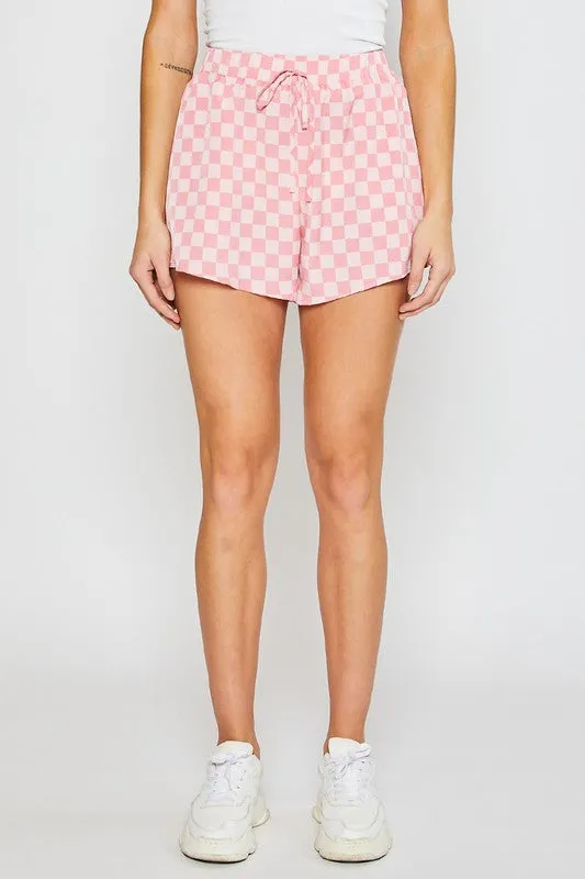 Pink Checkered Print Woven Shorts