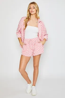 Pink Checkered Print Woven Shorts