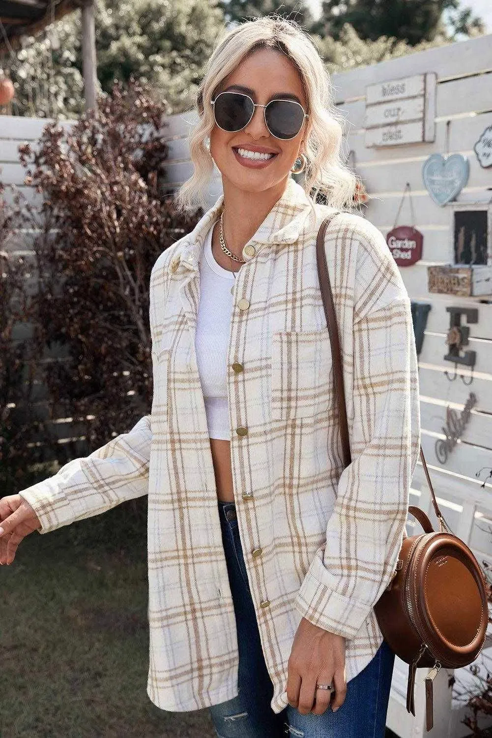 Plaid Curved Hem Dropped Shoulder Longline Shirt Jacket