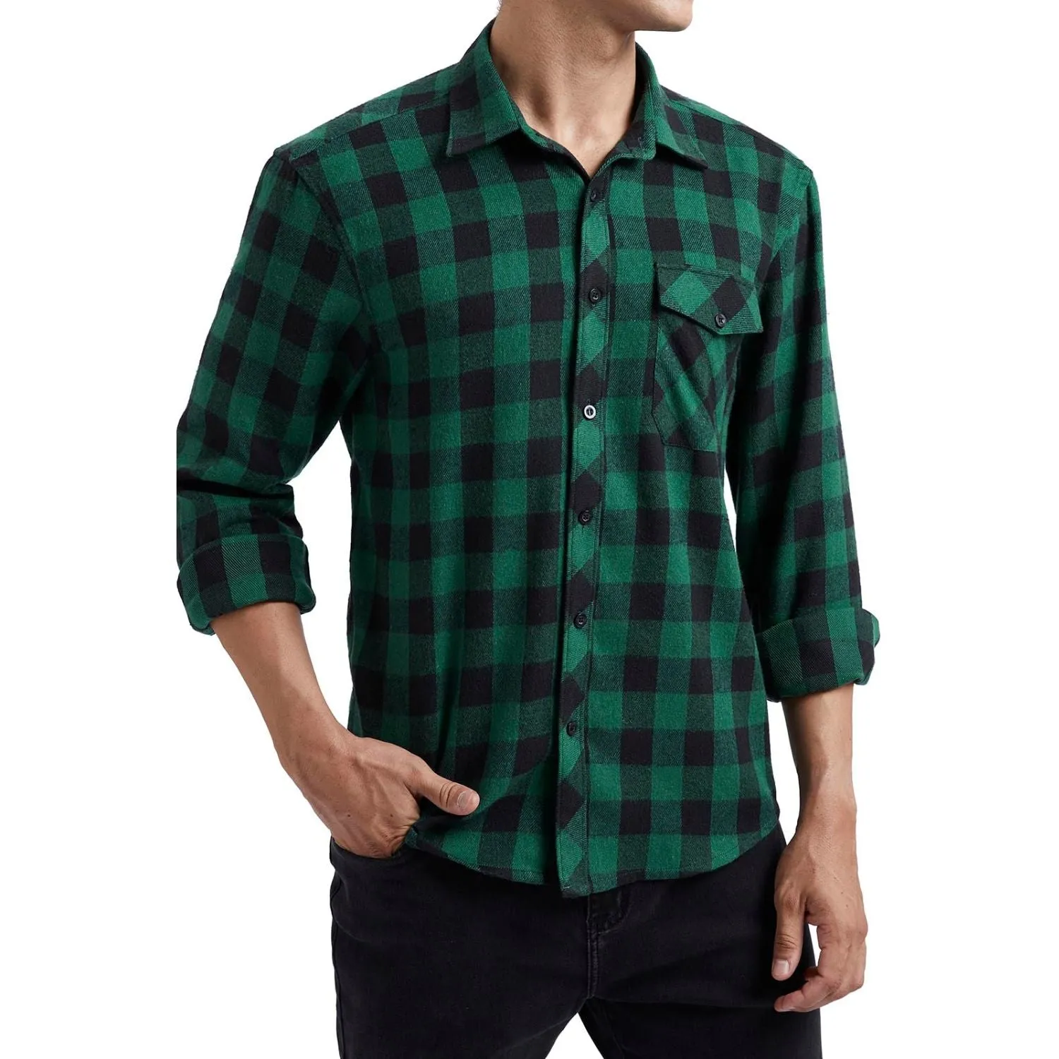 Plaided Men's Flannel Shirt With Pockets - GREEN