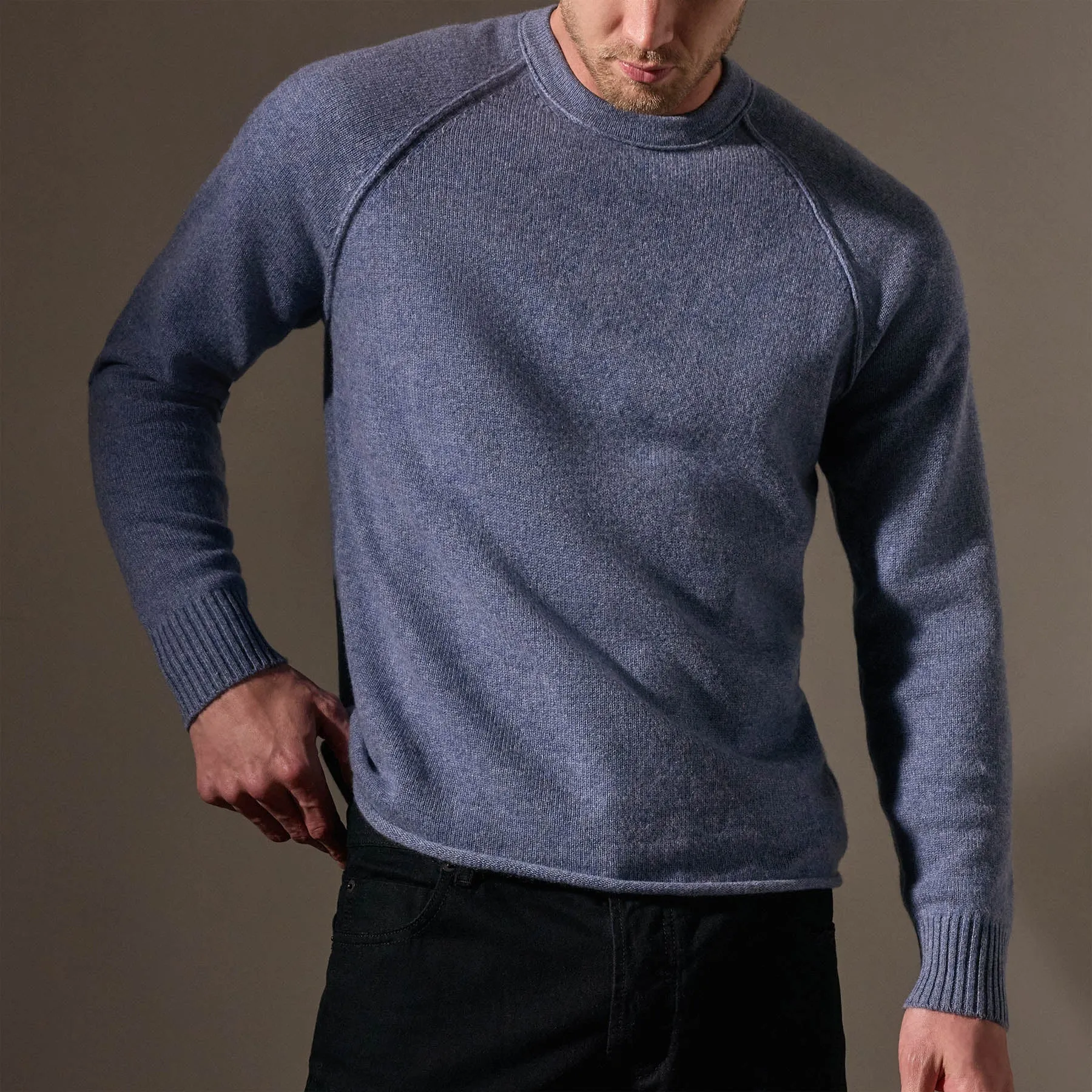 Recycled Cashmere Raglan Crew - Faded Indigo