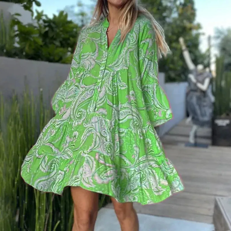 Retro Floral Print Flare Sleeve Mini Dress 2024 Spring Women Ruffle Loose Party Dresses Casual V Neck Beach Dress Robe De Plage