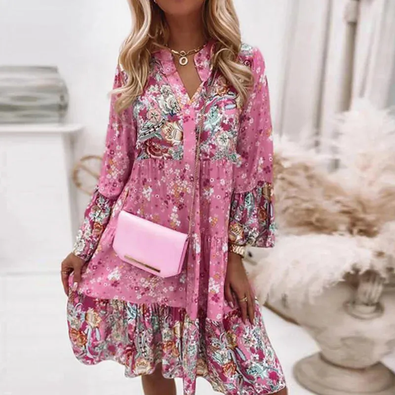 Retro Floral Print Flare Sleeve Mini Dress 2024 Spring Women Ruffle Loose Party Dresses Casual V Neck Beach Dress Robe De Plage