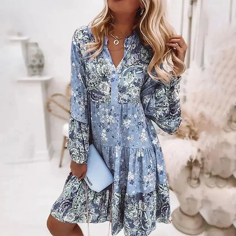 Retro Floral Print Flare Sleeve Mini Dress 2024 Spring Women Ruffle Loose Party Dresses Casual V Neck Beach Dress Robe De Plage