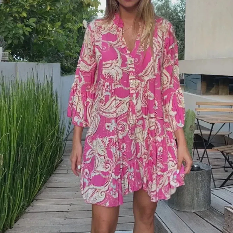 Retro Floral Print Flare Sleeve Mini Dress 2024 Spring Women Ruffle Loose Party Dresses Casual V Neck Beach Dress Robe De Plage