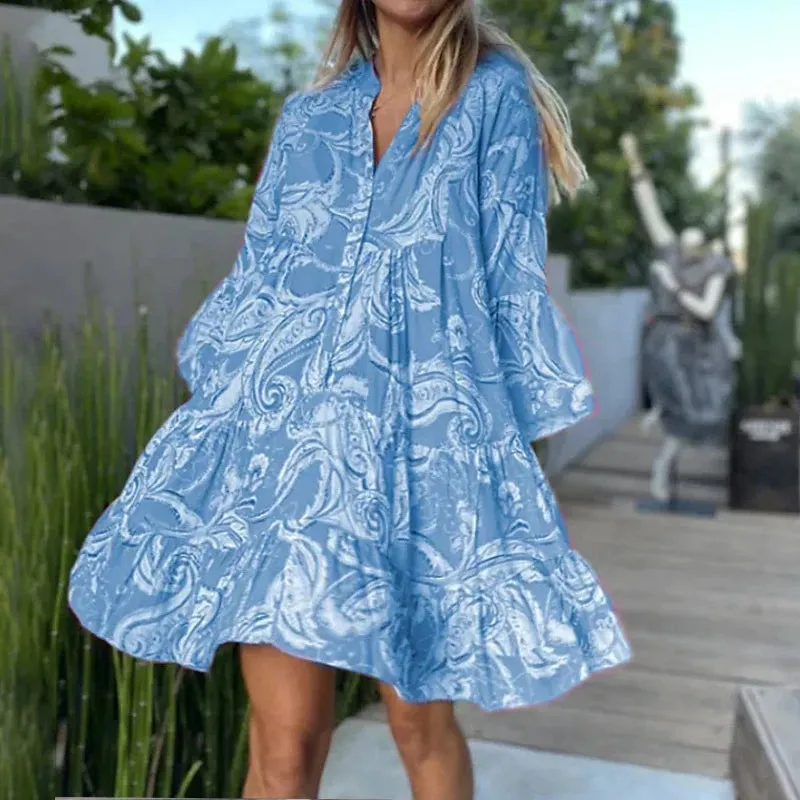 Retro Floral Print Flare Sleeve Mini Dress 2024 Spring Women Ruffle Loose Party Dresses Casual V Neck Beach Dress Robe De Plage