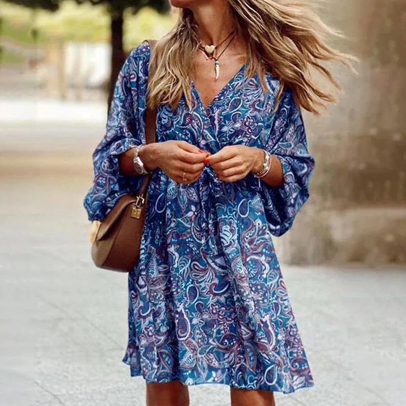 Retro Floral Print Flare Sleeve Mini Dress 2024 Spring Women Ruffle Loose Party Dresses Casual V Neck Beach Dress Robe De Plage