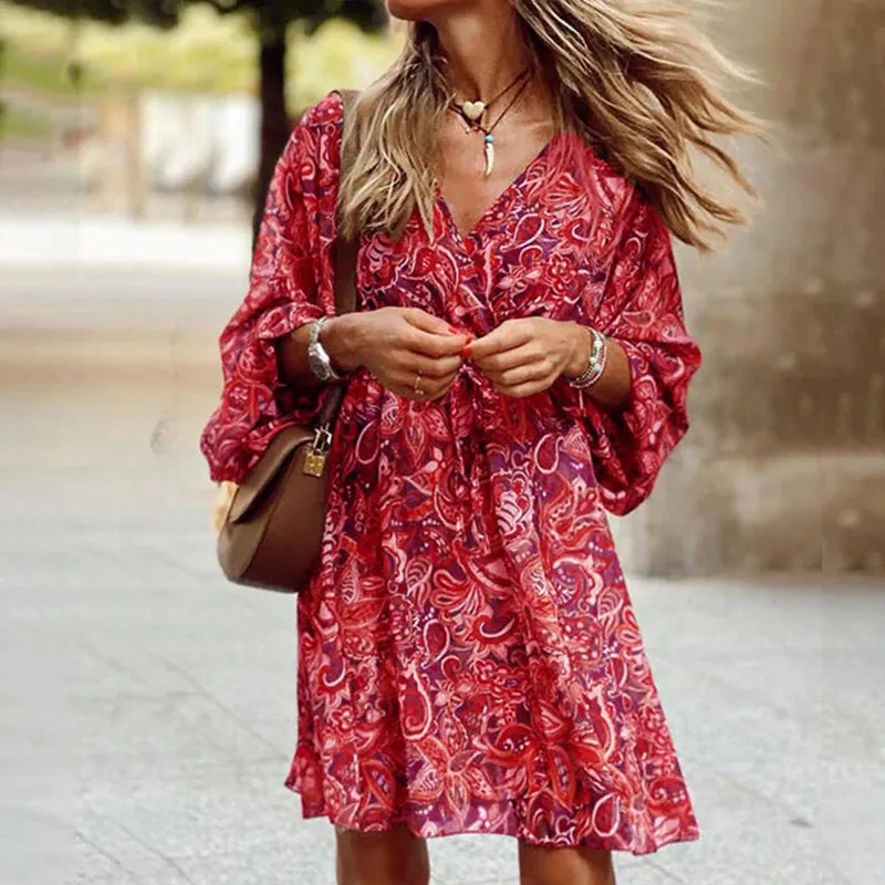 Retro Floral Print Flare Sleeve Mini Dress 2024 Spring Women Ruffle Loose Party Dresses Casual V Neck Beach Dress Robe De Plage