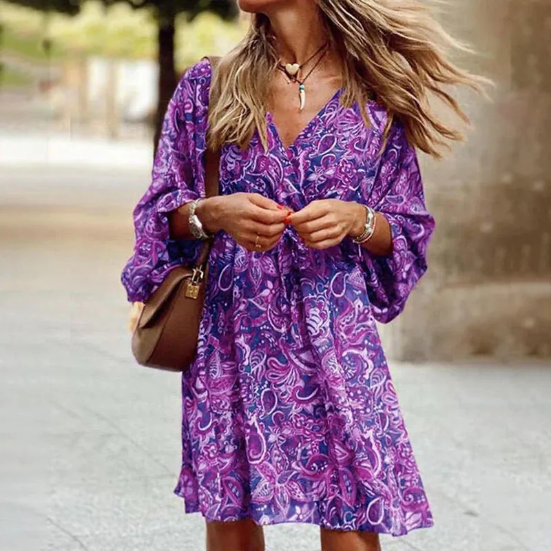 Retro Floral Print Flare Sleeve Mini Dress 2024 Spring Women Ruffle Loose Party Dresses Casual V Neck Beach Dress Robe De Plage