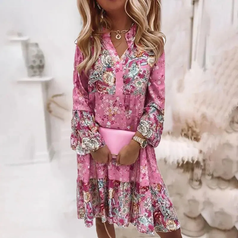 Retro Floral Print Flare Sleeve Mini Dress 2024 Spring Women Ruffle Loose Party Dresses Casual V Neck Beach Dress Robe De Plage