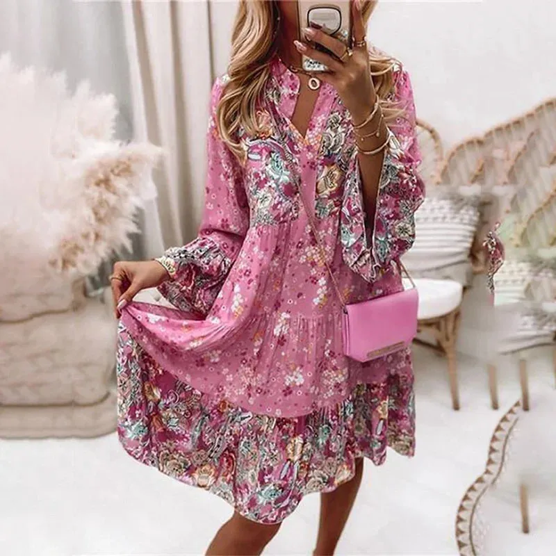 Retro Floral Print Flare Sleeve Mini Dress 2024 Spring Women Ruffle Loose Party Dresses Casual V Neck Beach Dress Robe De Plage