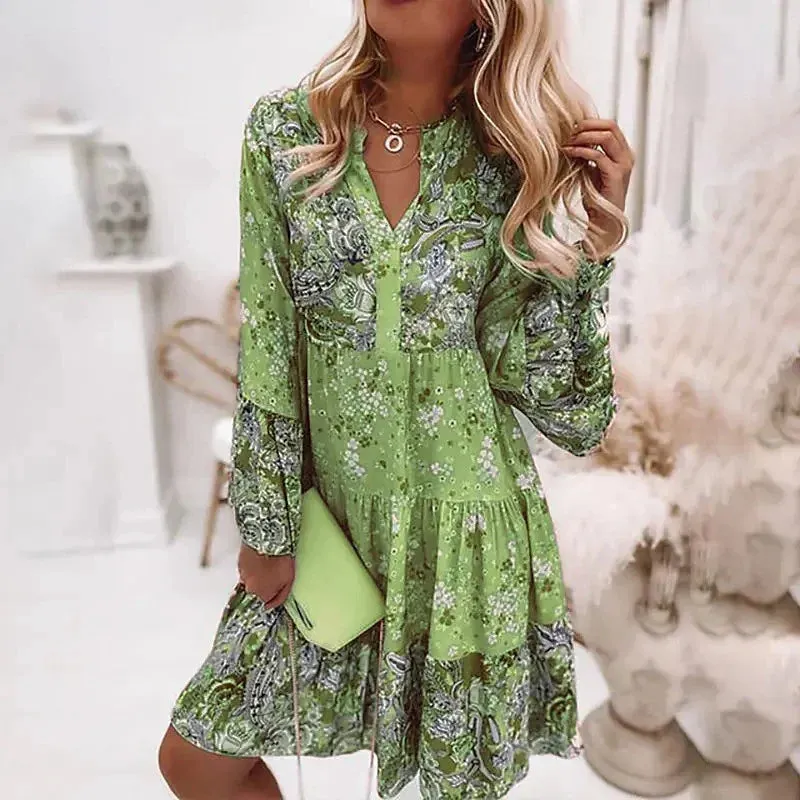 Retro Floral Print Flare Sleeve Mini Dress 2024 Spring Women Ruffle Loose Party Dresses Casual V Neck Beach Dress Robe De Plage