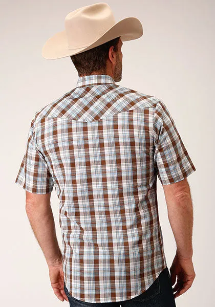 Roper Men's Brown/Blue/White Plaid Short Sleeve Western Snap Shirt