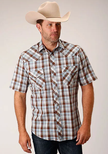 Roper Men's Brown/Blue/White Plaid Short Sleeve Western Snap Shirt