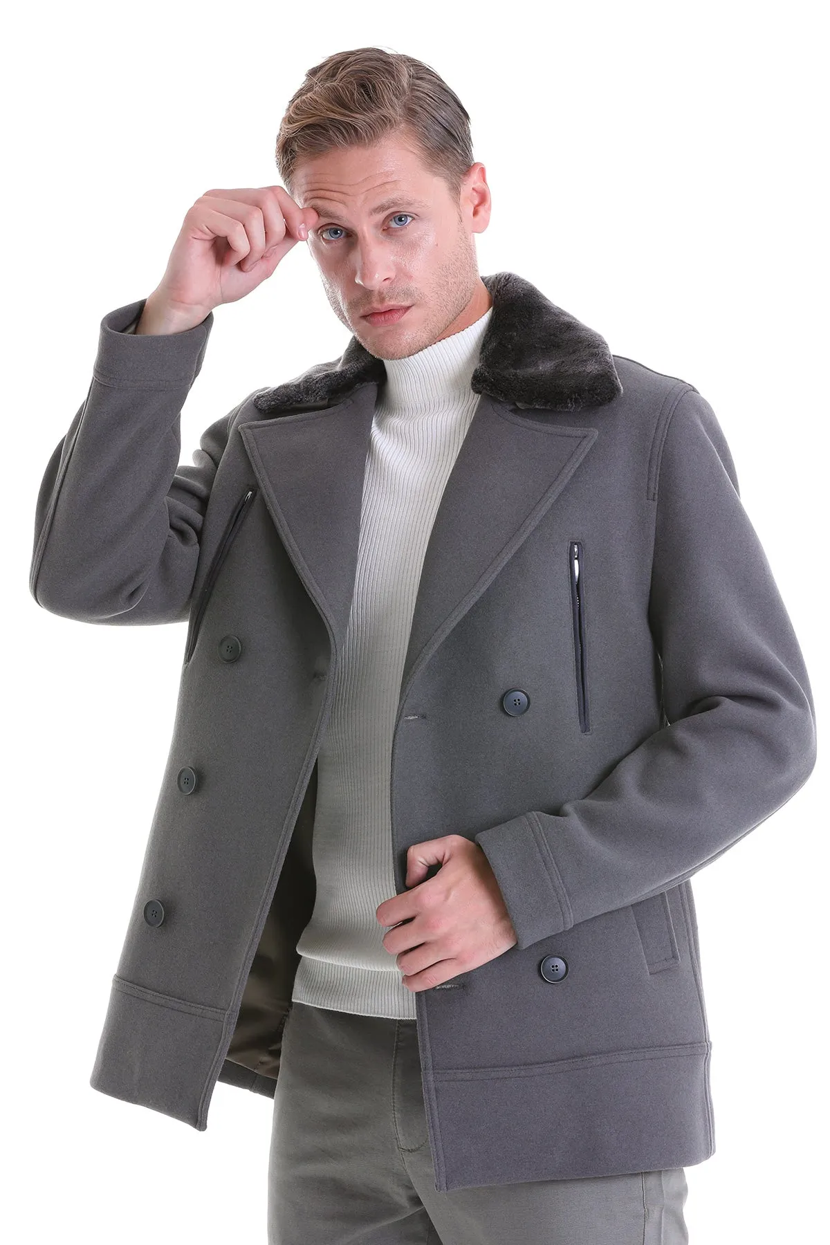 Slim Fit Cachet Double Breasted Mold Green Wool Blend Coat