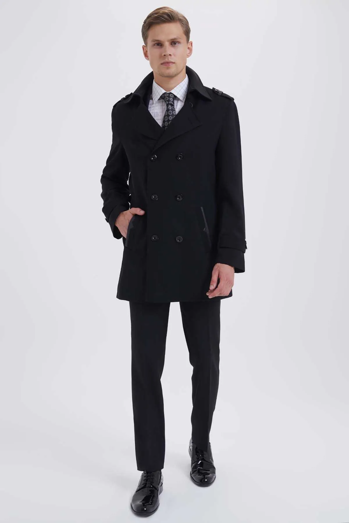 Slim Fit Double Breasted Wool Black Long Coat