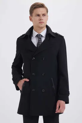 Slim Fit Double Breasted Wool Black Long Coat