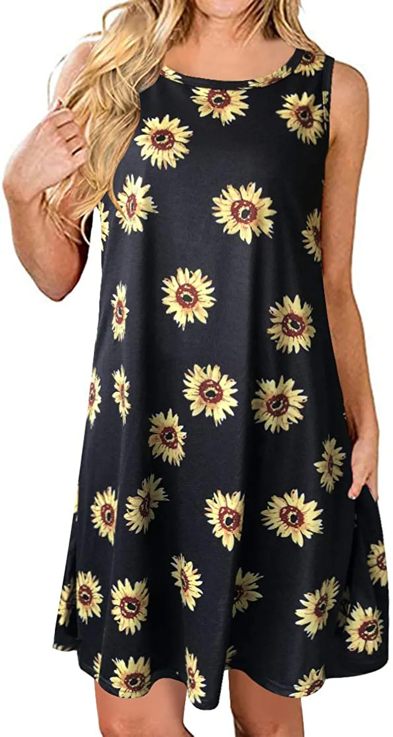 Summer Dresses for Women Beach Floral Tshirt Sundress Sleeveless Pockets Casual Loose Tank Dress