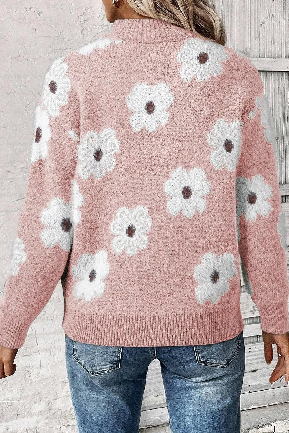 Sweater Flower Turtleneck Half Zip Long Sleeve Knitwear