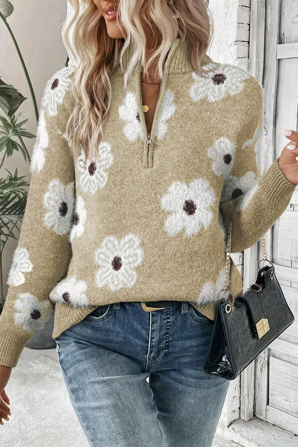 Sweater Flower Turtleneck Half Zip Long Sleeve Knitwear