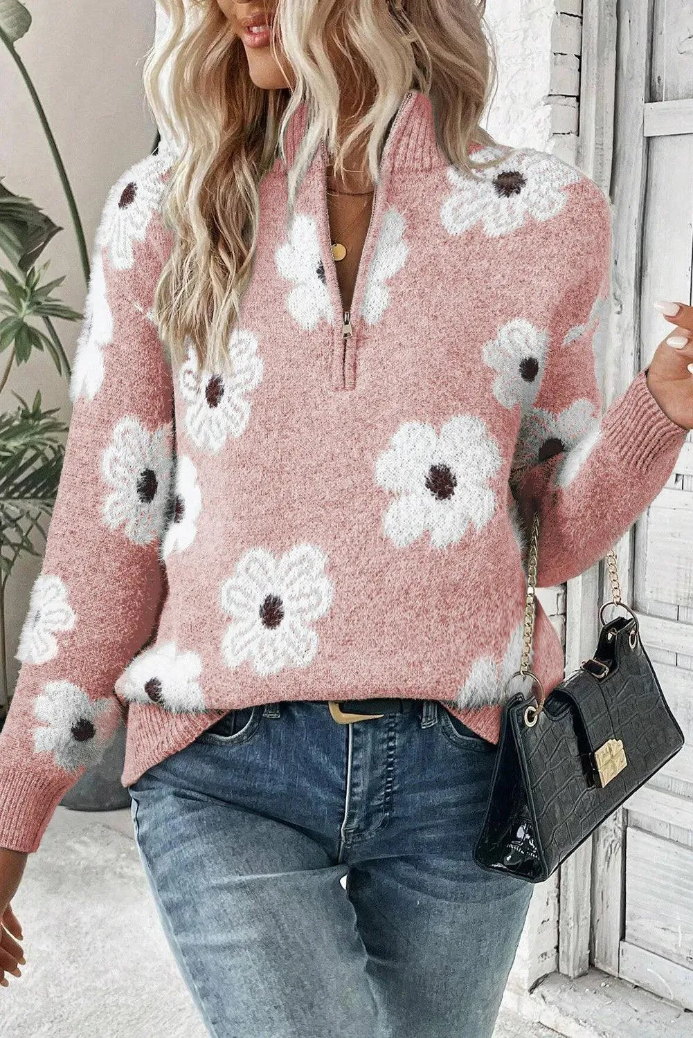 Sweater Flower Turtleneck Half Zip Long Sleeve Knitwear