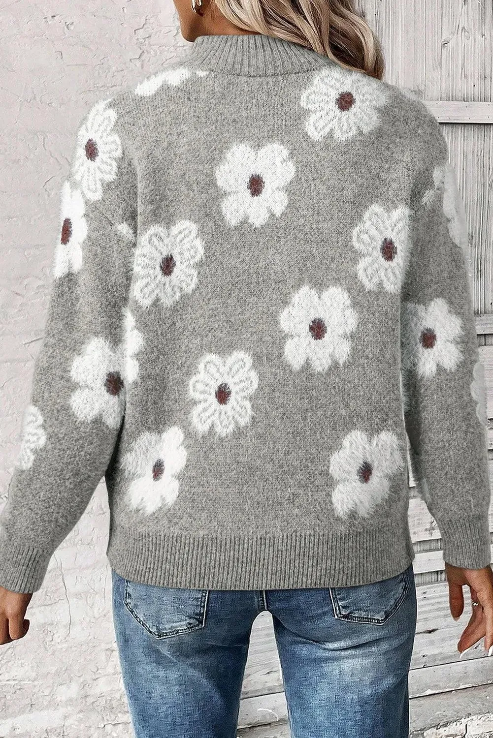 Sweater Flower Turtleneck Half Zip Long Sleeve Knitwear