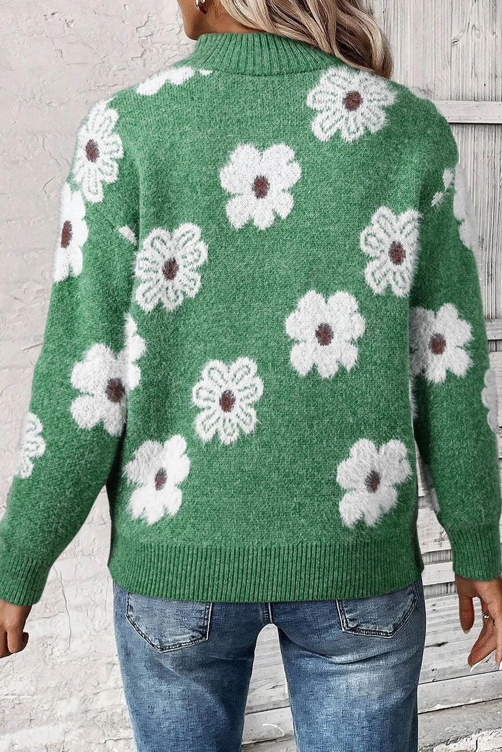 Sweater Flower Turtleneck Half Zip Long Sleeve Knitwear