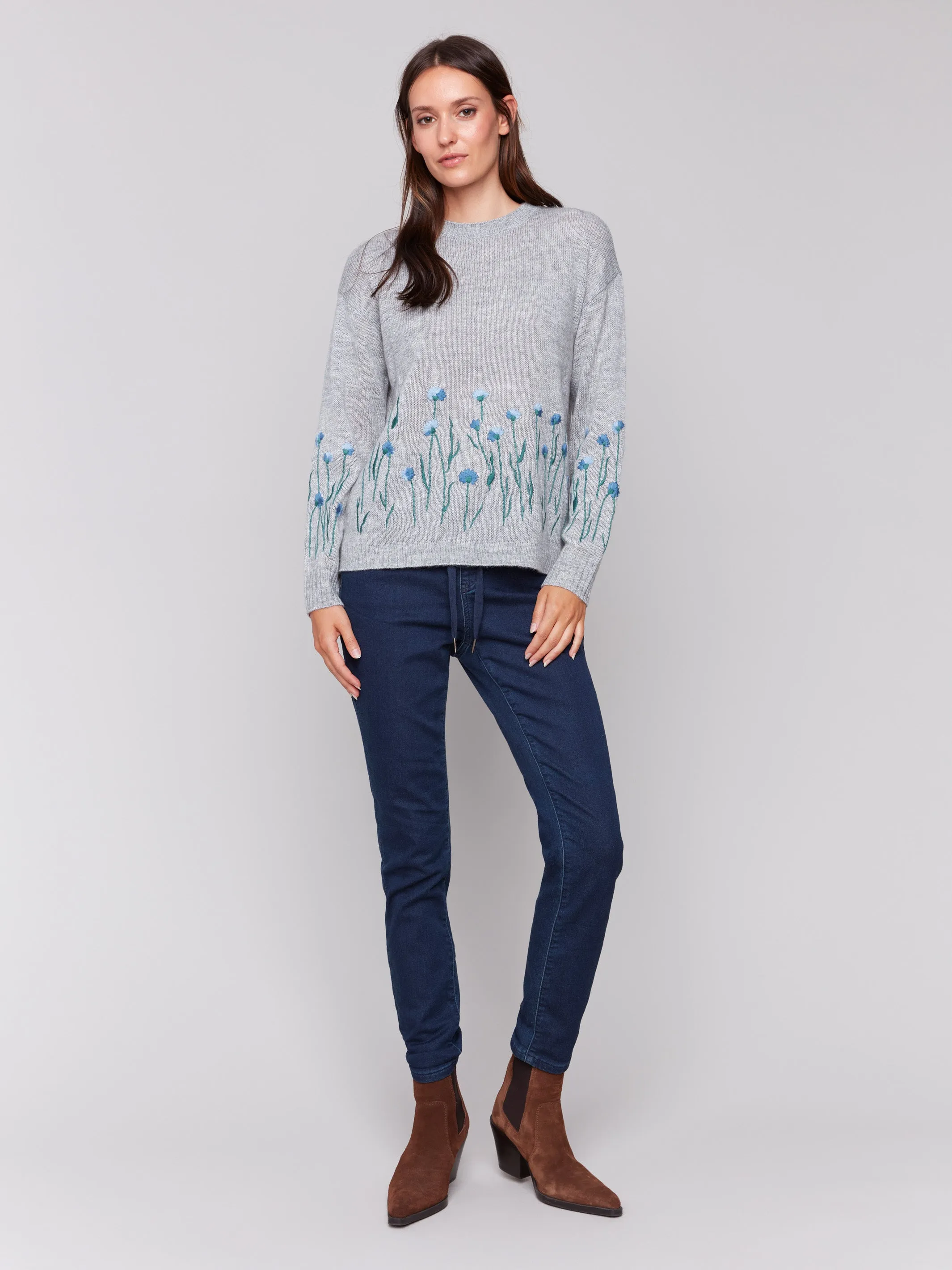 Sweater with Embroidered Flowers - Grey