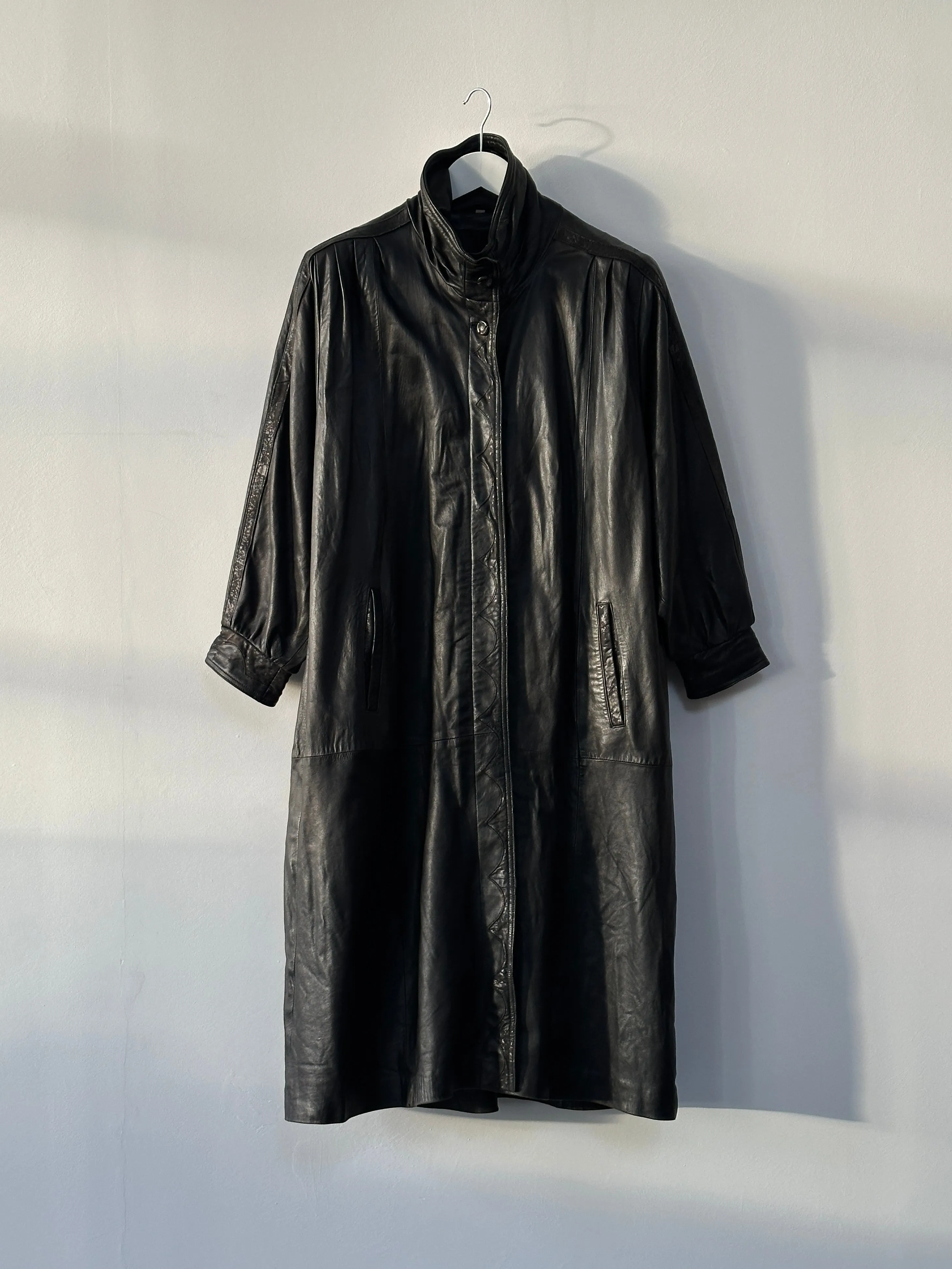 Vintage High Neck Leather Trench Coat - XL