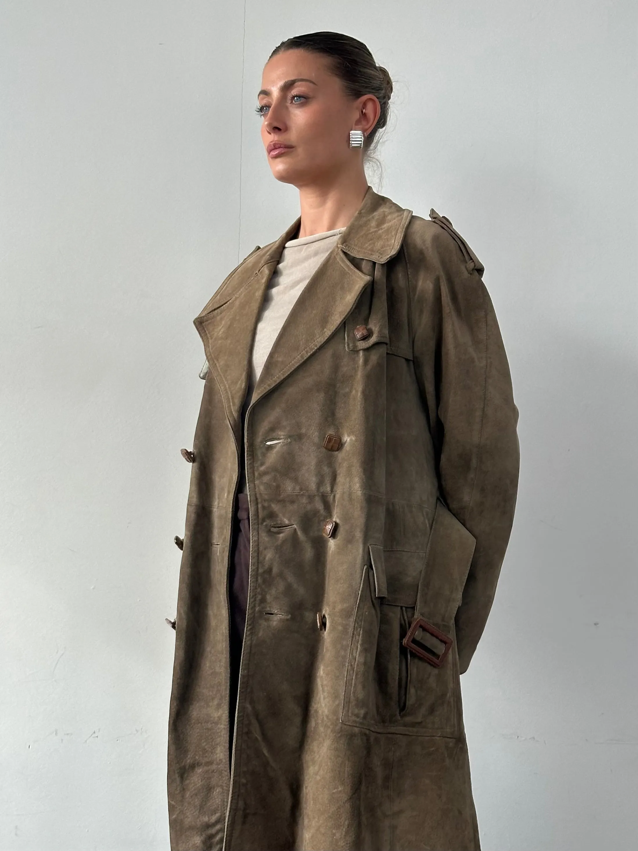 Vintage Pure Suede Belted Trench Coat - XL