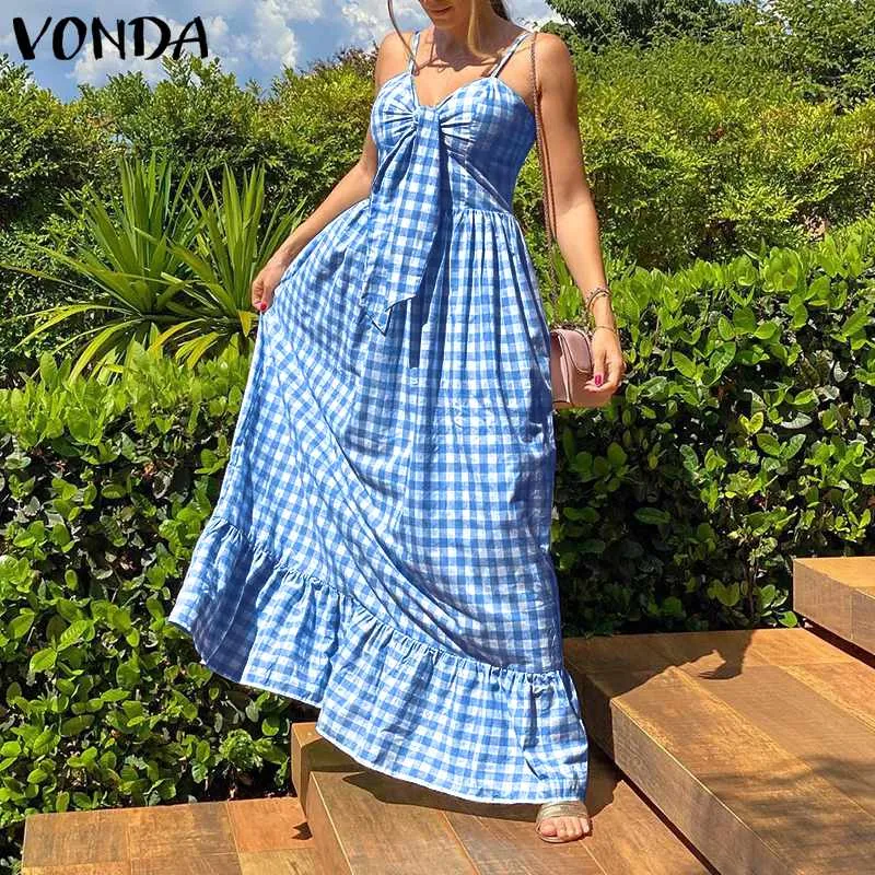 Vintage Style Plaid Beach Maxi Dress