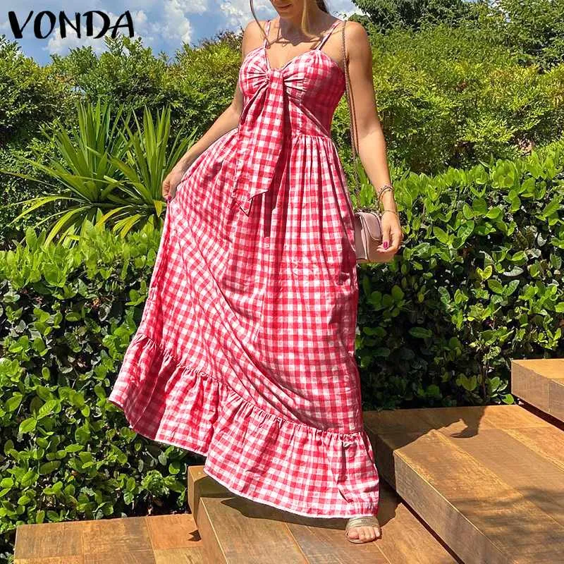 Vintage Style Plaid Beach Maxi Dress