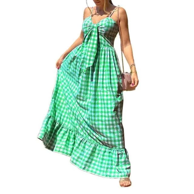 Vintage Style Plaid Beach Maxi Dress