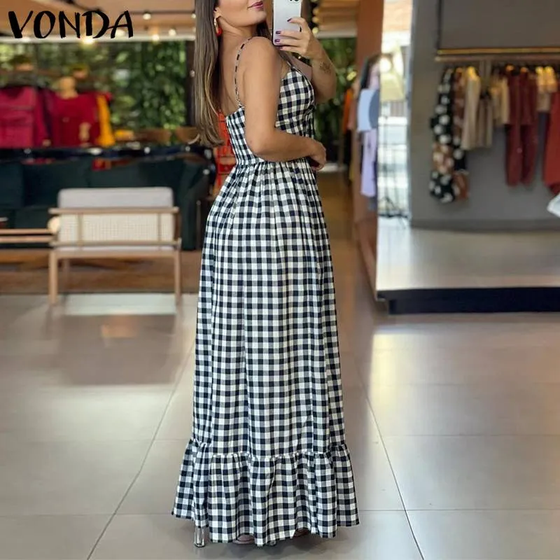 Vintage Style Plaid Beach Maxi Dress