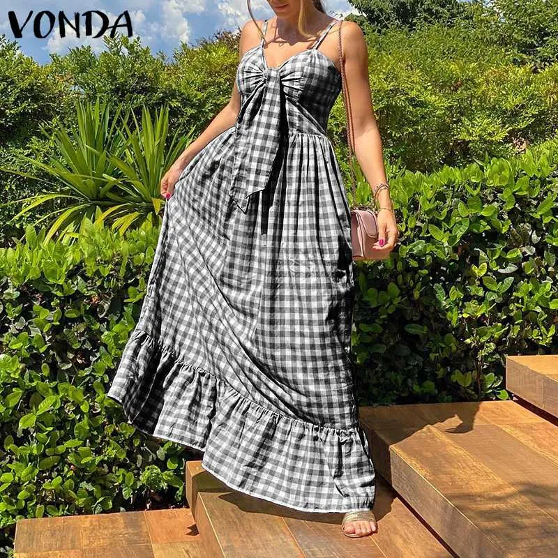 Vintage Style Plaid Beach Maxi Dress