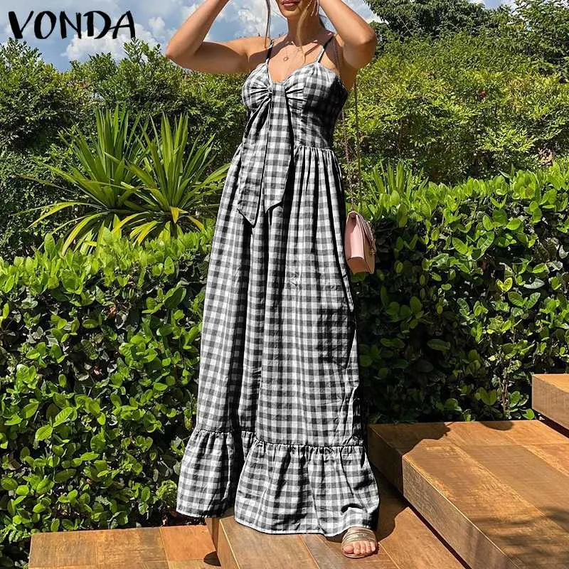 Vintage Style Plaid Beach Maxi Dress