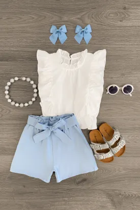 White & Light Blue Ruffle Short Set