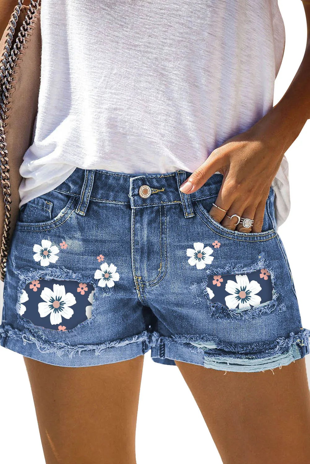 Women Casual Summer Stretchy Floral Print Distressed Jean Shorts