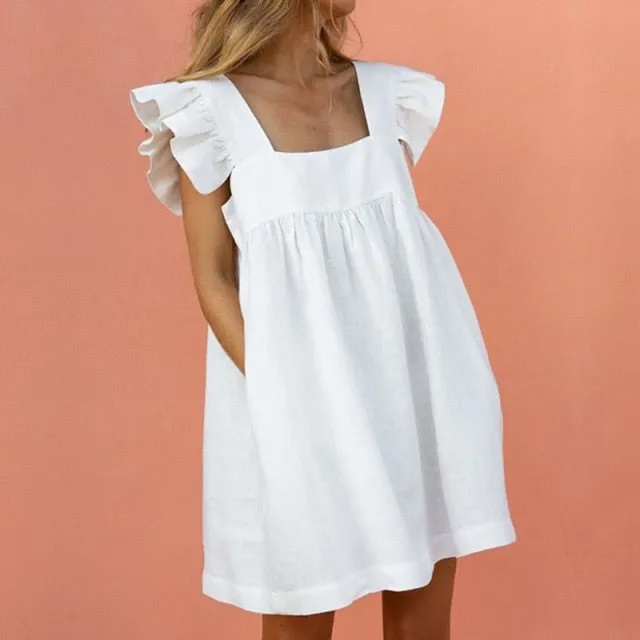 Women Ruffled Mini Dress Summer Cute Square Collar Pocket Dresses Elegant Butterfly Sleeve Beach Party Female Dresses Vestidos