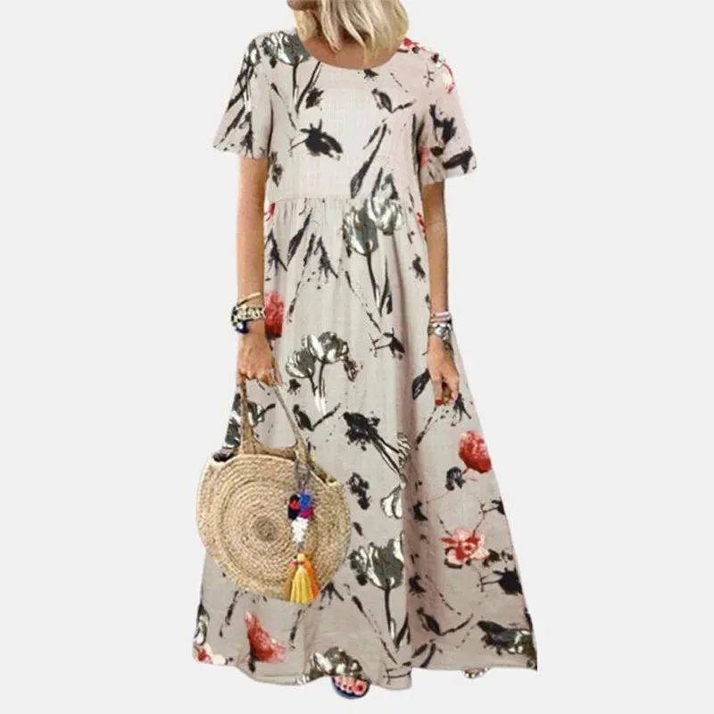 Women Vintage Floral Long Dress Summer Boho Casual Loose Short Sleeve Dresses Female Beach Holiday Party Maxi Dresses Vestidos