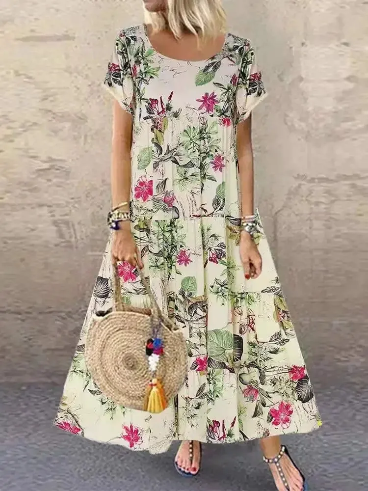 Women Vintage Floral Long Dress Summer Boho Casual Loose Short Sleeve Dresses Female Beach Holiday Party Maxi Dresses Vestidos