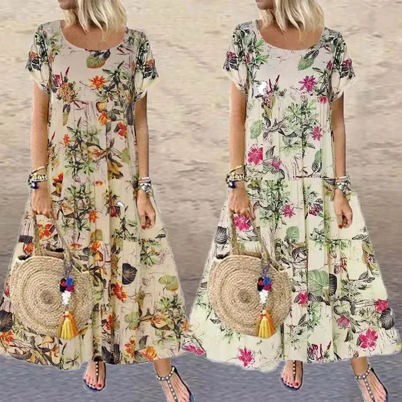 Women Vintage Floral Long Dress Summer Boho Casual Loose Short Sleeve Dresses Female Beach Holiday Party Maxi Dresses Vestidos