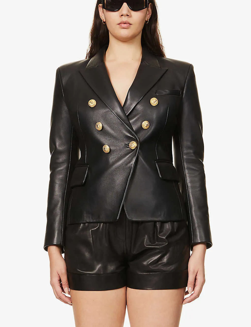 Women’s Black Leather Blazer Golden Button